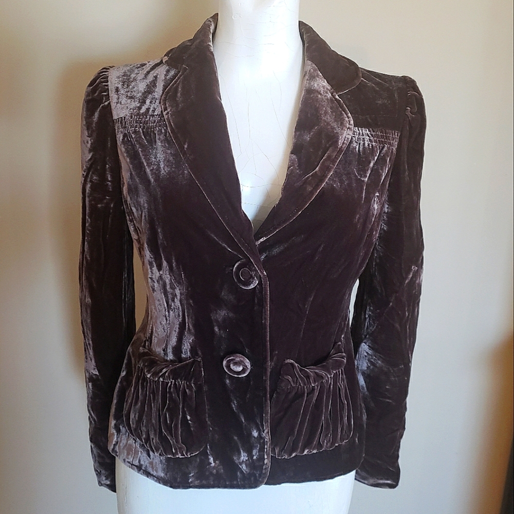 NIC+ZOE Velvet Blazer Jacket w Ruched Pockets Silk Chocolate Brown Coat XS